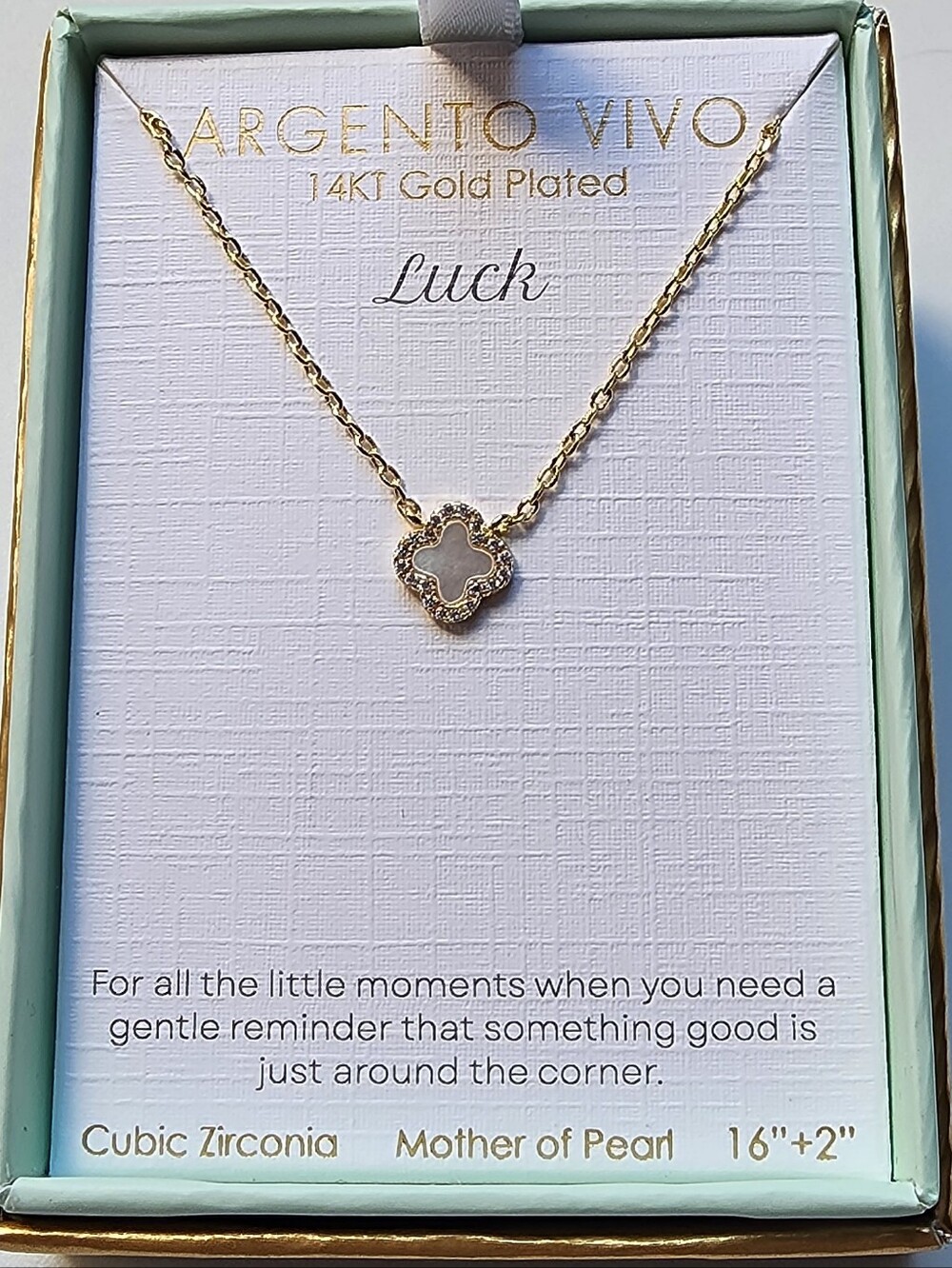 Gold on S925 Sterling Silver Mother of Pearl Clover Pendant Necklace NEW! 16"+2